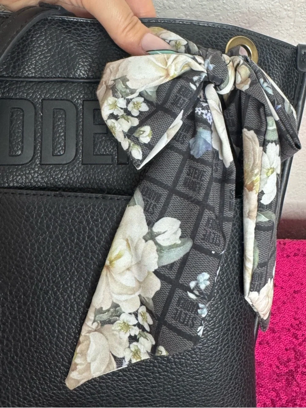 STEVE MADDEN 🪷 Pebbled Black Leather Large Laptop Tote, Floral Scarf Accent